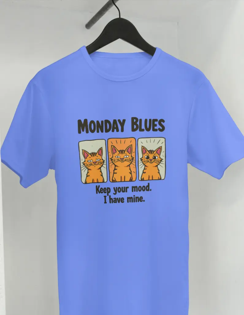 Monday Blues – Cute Cat Mood Women’s T-Shirt (S, Light Blue)