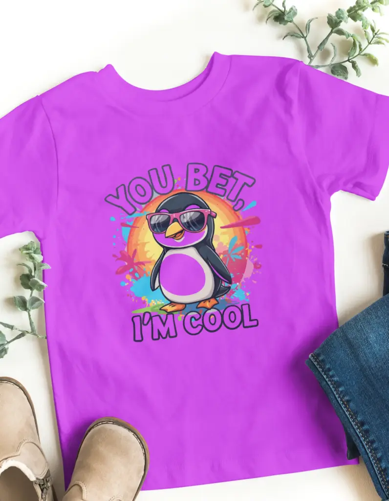 “You Bet, I’m Cool” Kids T-Shirt – Fun & Vibrant Penguin Graphic