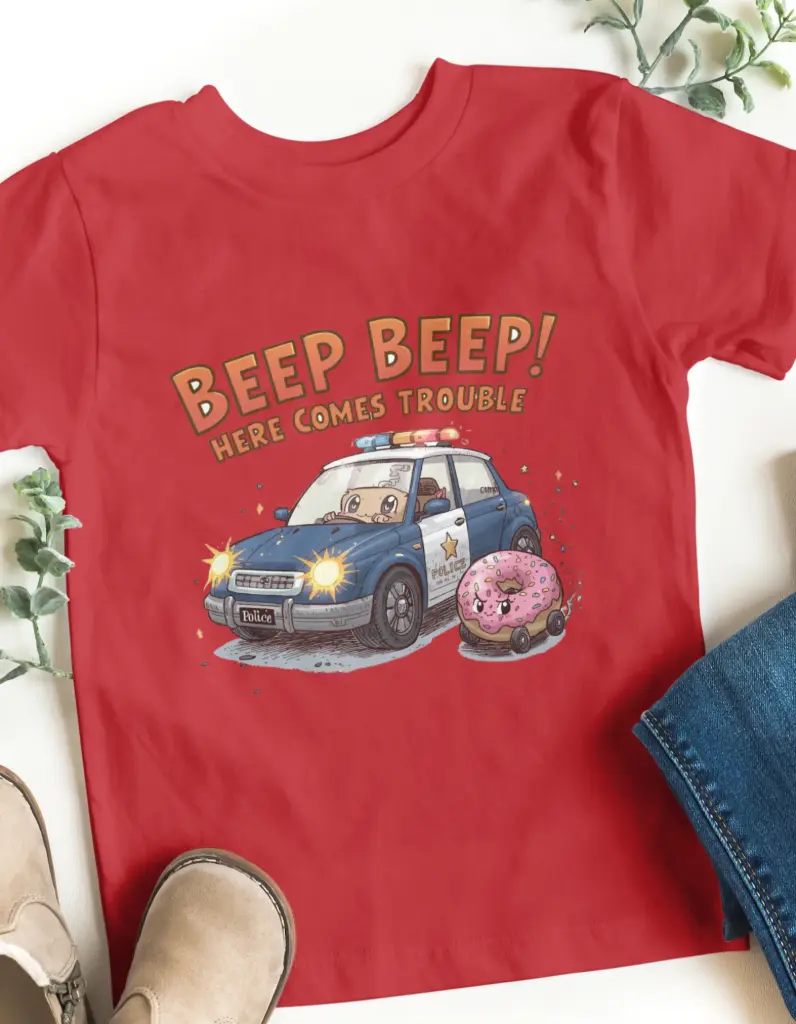 Beep Beep! Here Comes Trouble – Kids Funny Police Car T-Shirt