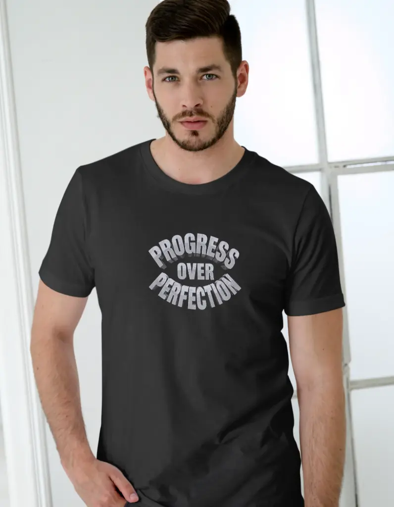 🖤 Men’s Motivational T-Shirt – Progress Over Perfection