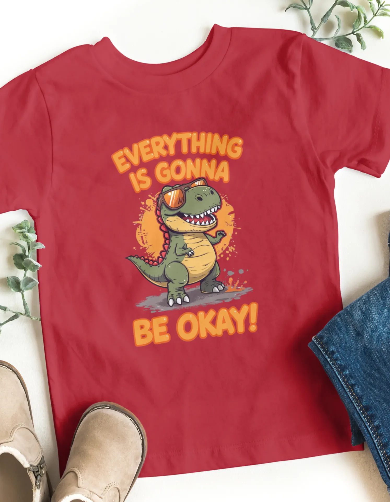 Everything Is Gonna Be Okay! – Kids Dino Graphic T-Shirt (1-2 Years, Red)