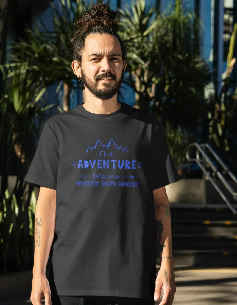 Men’s Adventure T-Shirt – “The Adventure Begins Where WiFi Ends” (S, Black)