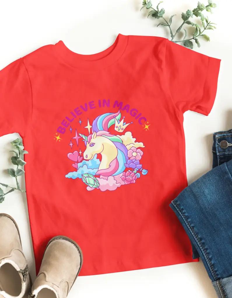 🦄 Kids’ Magical Unicorn T-Shirt – Believe in Magic ✨ (1-2 Years, Red)