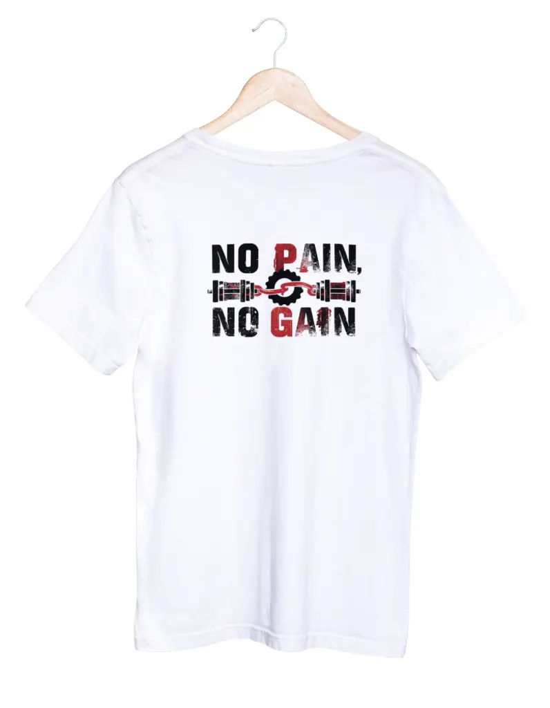 🏋️ Men’s Gym Motivational T-Shirt – “No Pain, No Gain” (S, White)