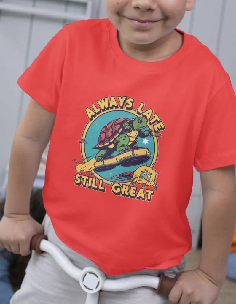 🐢 Kids Graphic T-Shirt – “Always Late, Still Great” (2-3 Years, Red)
