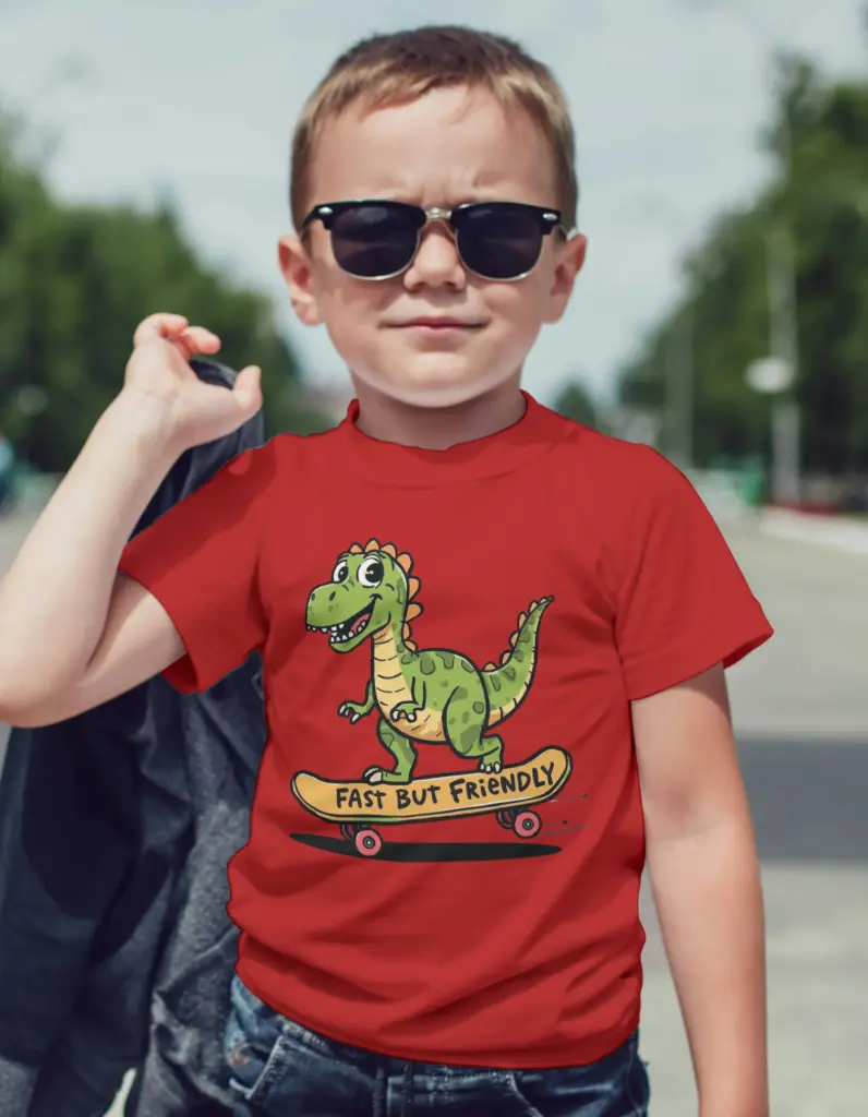 🦖 Kids Graphic T-Shirt – “Fast But Friendly” Dinosaur on Skateboard