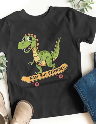 🦖 Kids Graphic T-Shirt – “Fast But Friendly” Dinosaur on Skateboard