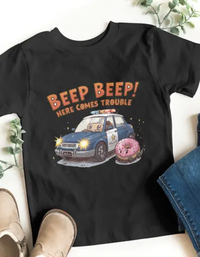 Beep Beep! Here Comes Trouble – Kids Funny Police Car T-Shirt